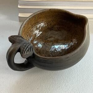 Pottery Art Sauce Bowl With Handle Brown Ceramic Speckled Matte & Glazed